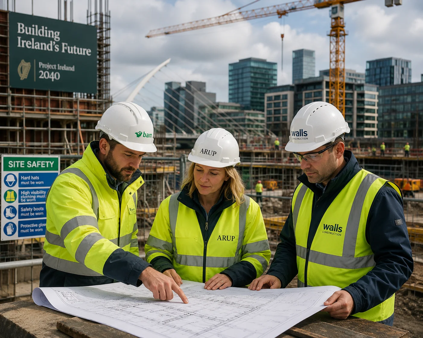 Engineers reviewing construction plans at an Irish job site — engineering jobs on Ireland's Critical Skills Occupations List