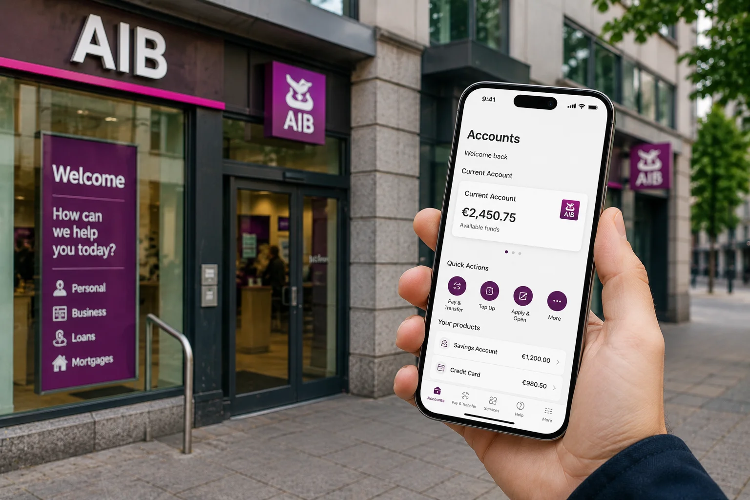 Irish bank branch and banking app on a smartphone — how Americans open a bank account in Ireland