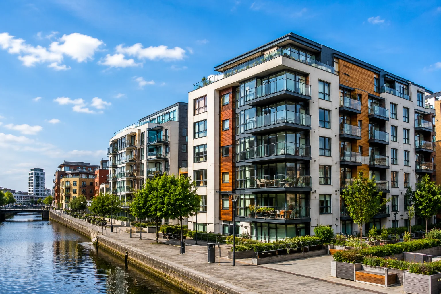 Modern apartment building in Dublin city centre — rental prices range from €1,800 to €2,500 per month