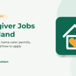 Illustration of a house with a heart on a green tile and a tick badge, beside the title Caregiver Jobs in Ireland: care worker and home carer permits, quota, pay and how to apply