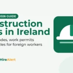 Illustration of a white hard hat on a green tile with an orange check badge, beside the title Construction Jobs in Ireland: eligible trades, work permits and pay rules for foreign workers