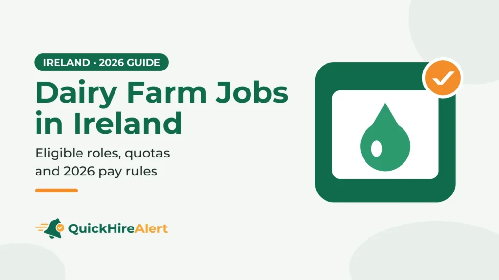 Illustration of a white card with a green milk drop on a green tile and an orange check badge, beside the title Dairy Farm Jobs in Ireland: eligible roles, quotas and 2026 pay rules