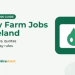 Illustration of a white card with a green milk drop on a green tile and an orange check badge, beside the title Dairy Farm Jobs in Ireland: eligible roles, quotas and 2026 pay rules