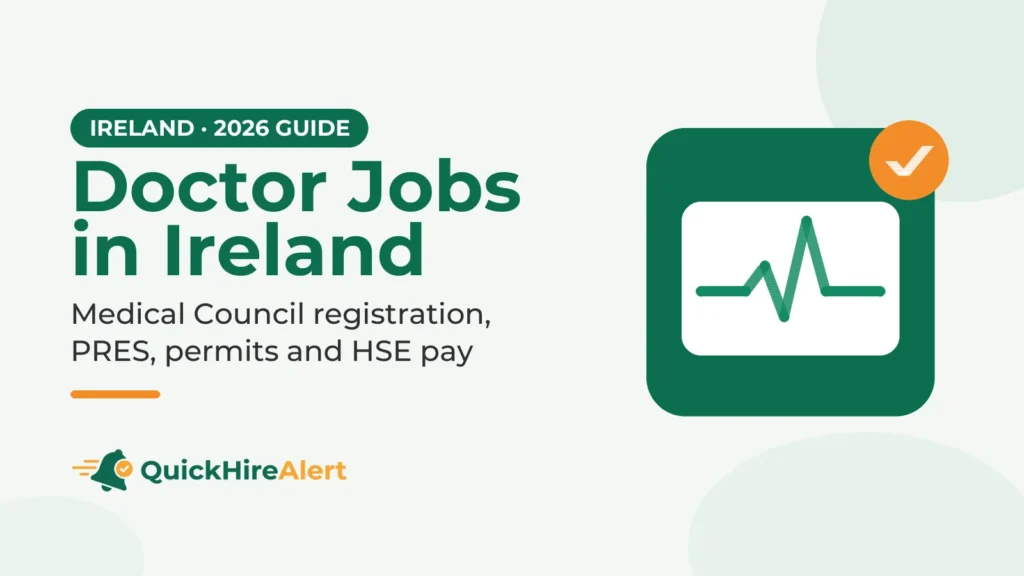 Illustration of a white heart-monitor card with a green pulse line on a green tile and an orange check badge, beside the title Doctor Jobs in Ireland: Medical Council registration, PRES, permits and HSE pay