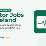 Illustration of a white heart-monitor card with a green pulse line on a green tile and an orange check badge, beside the title Doctor Jobs in Ireland: Medical Council registration, PRES, permits and HSE pay