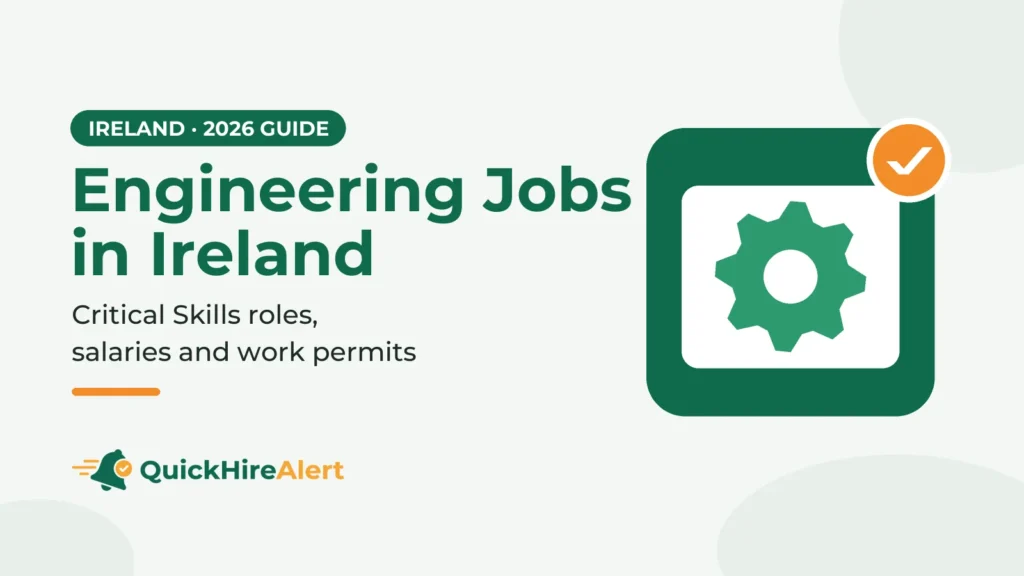 Illustration of a green gear on a white card inside a green tile with an orange check badge, beside the title Engineering Jobs in Ireland: Critical Skills roles, salaries and work permits