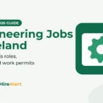 Illustration of a green gear on a white card inside a green tile with an orange check badge, beside the title Engineering Jobs in Ireland: Critical Skills roles, salaries and work permits
