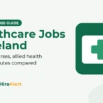 Illustration of a white card with a green medical cross on a green tile and an orange check badge, beside the title Healthcare Jobs in Ireland: doctors, nurses, allied health and care routes compared