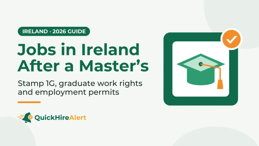 Illustration of a green graduation cap with an orange tassel on a white card inside a green tile with an orange check badge, beside the title Jobs in Ireland After a Master's: Stamp 1G, graduate work rights and employment permits