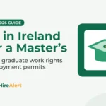 Illustration of a green graduation cap with an orange tassel on a white card inside a green tile with an orange check badge, beside the title Jobs in Ireland After a Master's: Stamp 1G, graduate work rights and employment permits