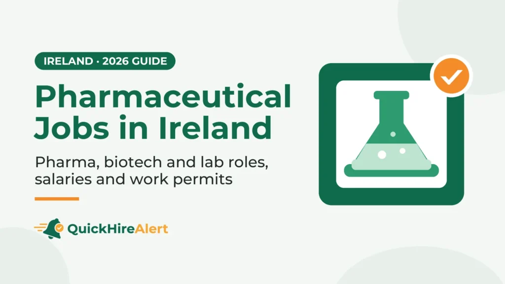 Illustration of a green laboratory flask on a white card inside a green tile with an orange check badge, beside the title Pharmaceutical Jobs in Ireland: pharma, biotech and lab roles, salaries and work permits