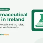 Illustration of a green laboratory flask on a white card inside a green tile with an orange check badge, beside the title Pharmaceutical Jobs in Ireland: pharma, biotech and lab roles, salaries and work permits