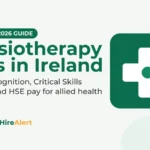 Illustration of a white medical cross on a green tile with an orange check badge, beside the title Physiotherapy Jobs in Ireland: CORU recognition, Critical Skills permits and HSE pay for allied health