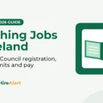 Illustration of a green open book on a white card inside a green tile with an orange check badge, beside the title Teaching Jobs in Ireland: Teaching Council registration, work permits and pay